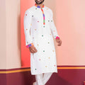 White Rayon Kurta with Multicolor Mirror Work and Printed Collar For Navratri