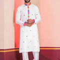 White Rayon Kurta with Multicolor Mirror Work and Printed Collar For Navratri