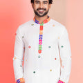 White Rayon Kurta with Multicolor Mirror Work and Printed Collar For Navratri