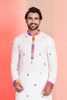 White Rayon Kurta with Multicolor Mirror Work and Printed Collar For Navratri