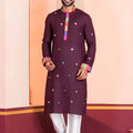 Wine Rayon Kurta with Multicolor Mirror Work and Printed Collar for Navratri