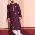 Wine Rayon Kurta with Multicolor Mirror Work and Printed Collar for Navratri