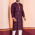 Wine Rayon Kurta with Multicolor Mirror Work and Printed Collar for Navratri
