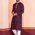Wine Rayon Kurta with Multicolor Mirror Work and Printed Collar for Navratri