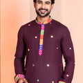 Wine Rayon Kurta with Multicolor Mirror Work and Printed Collar for Navratri