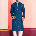 Navy Blue Rayon Kurta with Multicolor Mirror Work and Printed Collar for Navratri