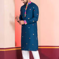 Navy Blue Rayon Kurta with Multicolor Mirror Work and Printed Collar for Navratri