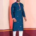 Navy Blue Rayon Kurta with Multicolor Mirror Work and Printed Collar for Navratri