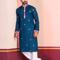Navy Blue Rayon Kurta with Multicolor Mirror Work and Printed Collar for Navratri
