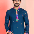Navy Blue Rayon Kurta with Multicolor Mirror Work and Printed Collar for Navratri