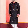 Black Rayon Kurta with Multicolor Mirror Work and Printed Collar for Navratri