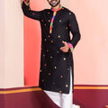 Black Rayon Kurta with Multicolor Mirror Work and Printed Collar for Navratri