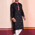 Black Rayon Kurta with Multicolor Mirror Work and Printed Collar for Navratri