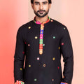 Black Rayon Kurta with Multicolor Mirror Work and Printed Collar for Navratri