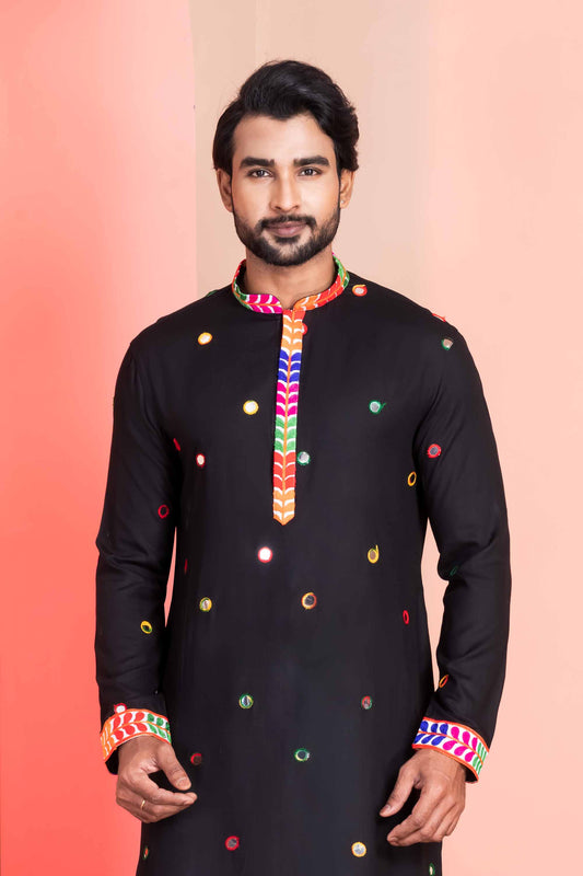 Black Rayon Kurta with Multicolor Mirror Work and Printed Collar for Navratri