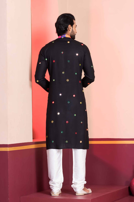 Black Rayon Kurta with Multicolor Mirror Work and Printed Collar for Navratri