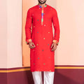 Red Rayon Kurta with Multicolor Mirror Work and Printed Collar for Navratri