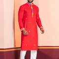 Red Rayon Kurta with Multicolor Mirror Work and Printed Collar for Navratri