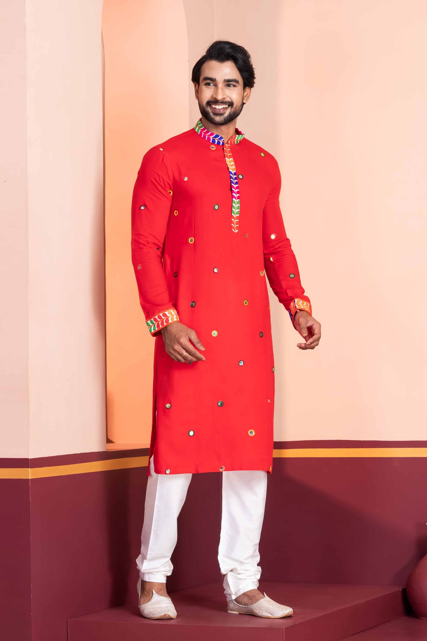 Red Rayon Kurta with Multicolor Mirror Work and Printed Collar for Navratri