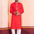Red Rayon Kurta with Multicolor Mirror Work and Printed Collar for Navratri