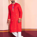 Red Rayon Kurta with Multicolor Mirror Work and Printed Collar for Navratri
