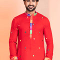 Red Rayon Kurta with Multicolor Mirror Work and Printed Collar for Navratri