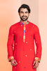 Red Rayon Kurta with Multicolor Mirror Work and Printed Collar for Navratri