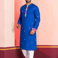 Royal Blue Rayon Kurta with Multicolor Mirror Work and Printed Collar for Navratri