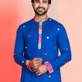 Royal Blue Rayon Kurta with Multicolor Mirror Work and Printed Collar for Navratri