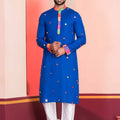 Royal Blue Rayon Kurta with Multicolor Mirror Work and Printed Collar for Navratri