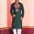 Dark Green Rayon Kurta with Multicolor Mirror Embroidery for Navratri Festival