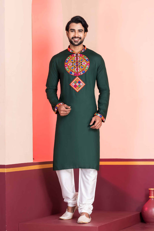 Dark Green Rayon Kurta with Multicolor Mirror Embroidery for Navratri Festival