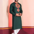 Dark Green Rayon Kurta with Multicolor Mirror Embroidery for Navratri Festival