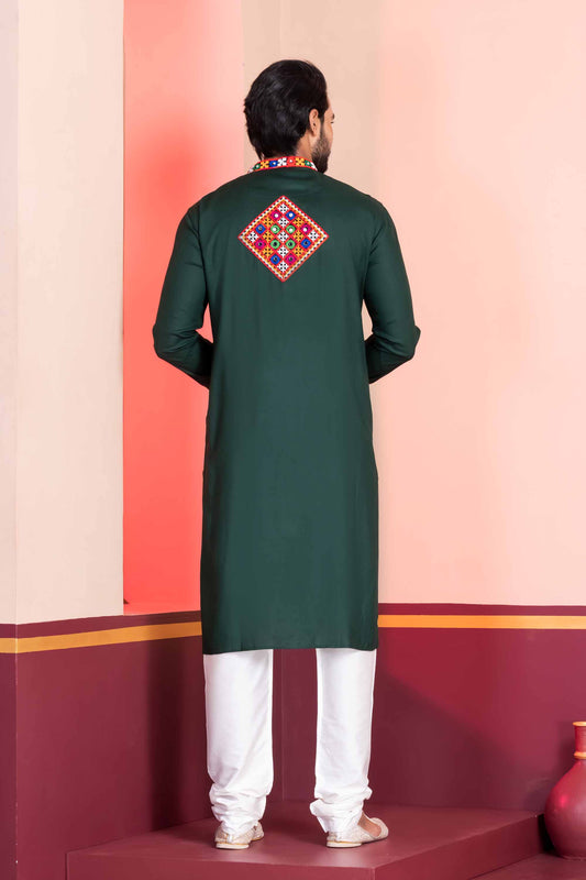 Dark Green Rayon Kurta with Multicolor Mirror Embroidery for Navratri Festival