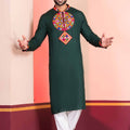 Dark Green Rayon Kurta with Multicolor Mirror Embroidery for Navratri Festival