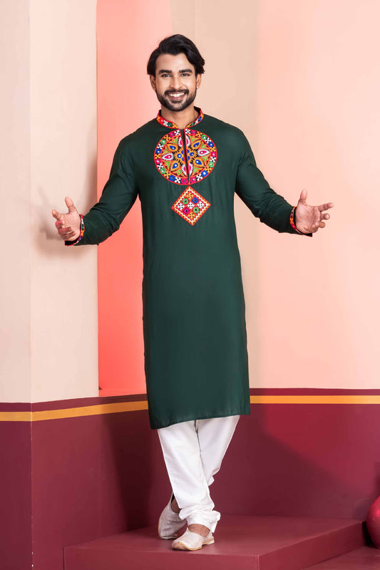Dark Green Rayon Kurta with Multicolor Mirror Embroidery for Navratri Festival