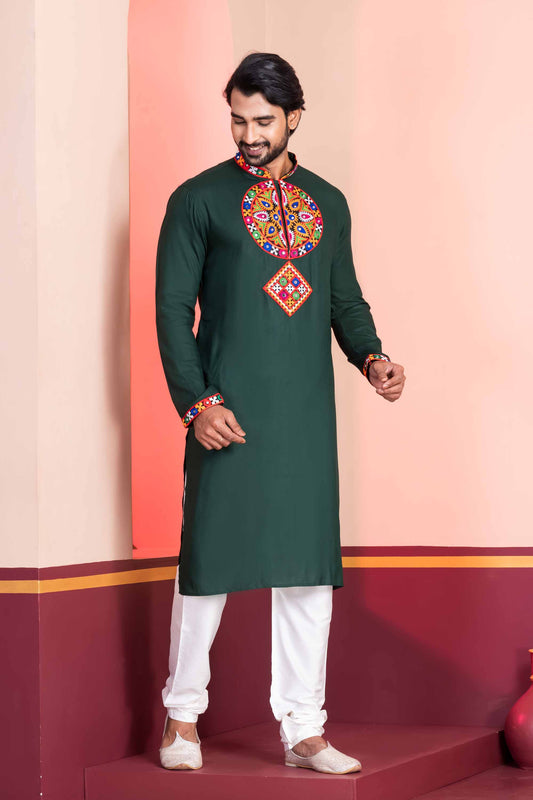 Dark Green Rayon Kurta with Multicolor Mirror Embroidery for Navratri Festival