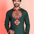 Dark Green Rayon Kurta with Multicolor Mirror Embroidery for Navratri Festival