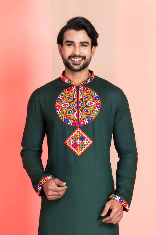 Dark Green Rayon Kurta with Multicolor Mirror Embroidery for Navratri Festival