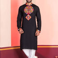 Black Embroidered Rayon Kurta Pajama Set for Men with Multicolor Mirror Work