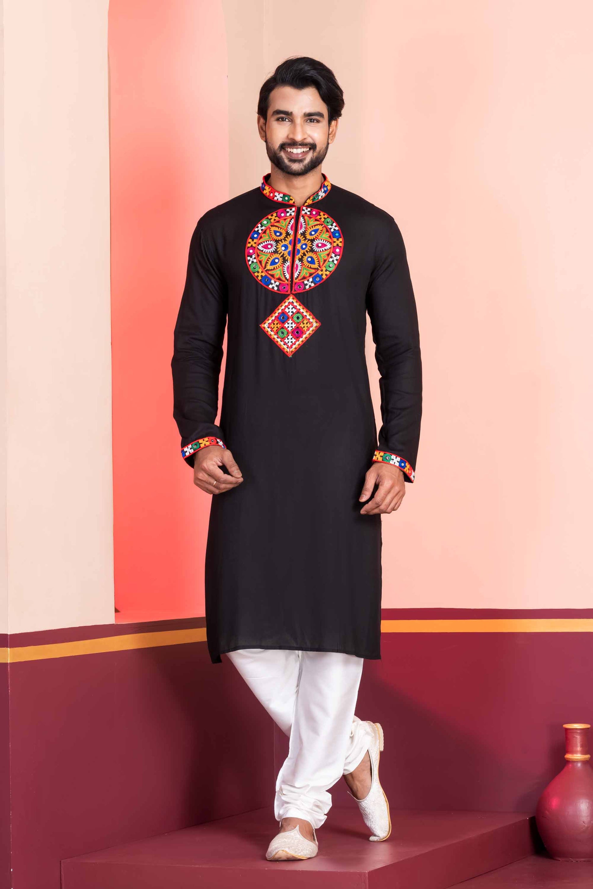 Black Embroidered Rayon Kurta Pajama Set for Men with Multicolor Mirror Work