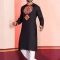 Black Embroidered Rayon Kurta Pajama Set for Men with Multicolor Mirror Work
