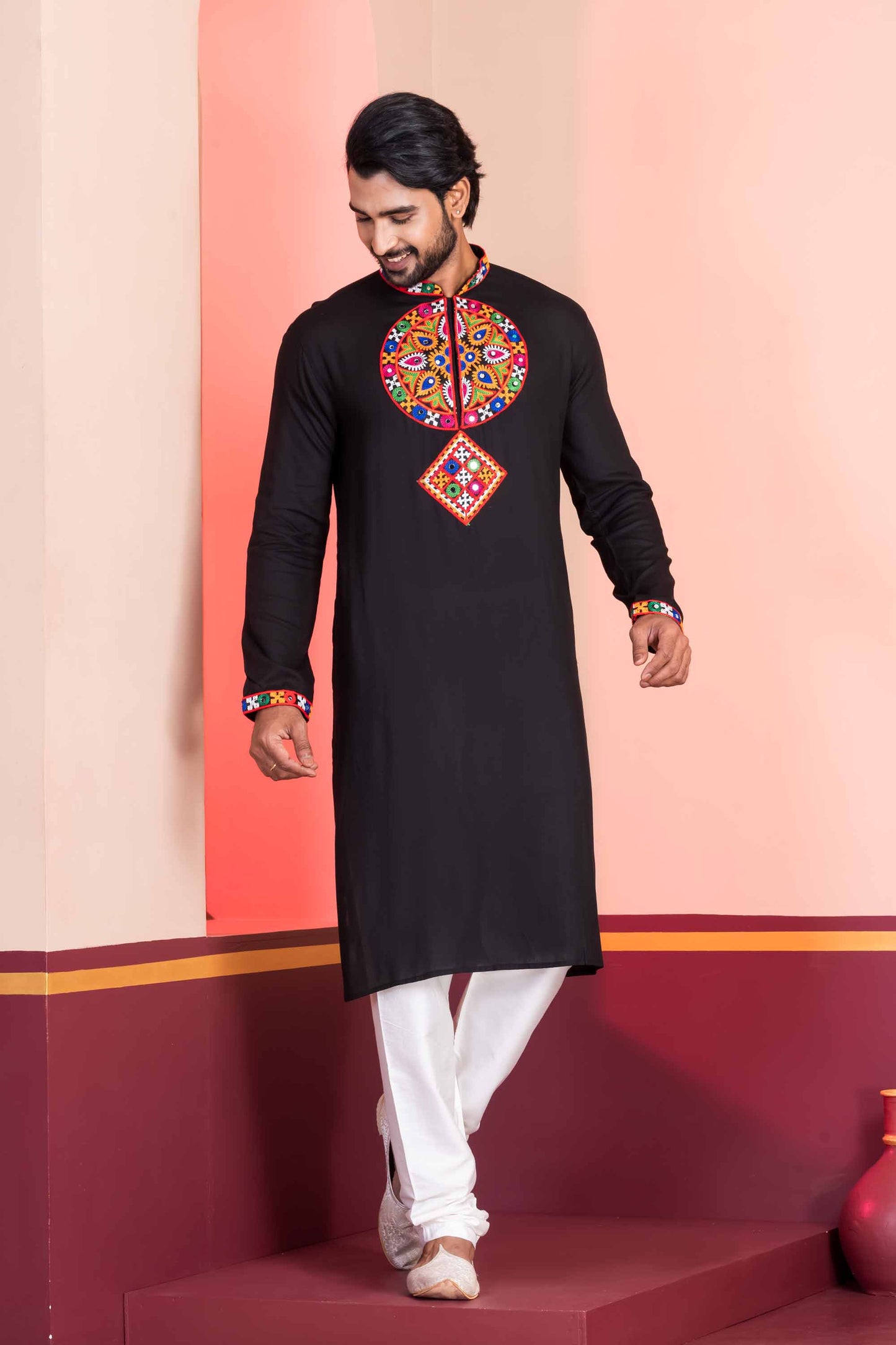 Black Embroidered Rayon Kurta Pajama Set for Men with Multicolor Mirror Work