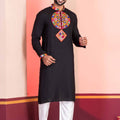 Black Embroidered Rayon Kurta Pajama Set for Men with Multicolor Mirror Work
