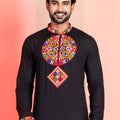 Black Embroidered Rayon Kurta Pajama Set for Men with Multicolor Mirror Work