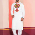 White Embroidered Rayon Kurta Pajama Set for Men with Multicolor Mirror Work