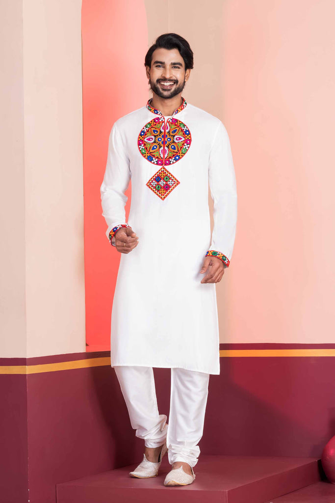 White Embroidered Rayon Kurta Pajama Set for Men with Multicolor Mirror Work