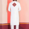 White Embroidered Rayon Kurta Pajama Set for Men with Multicolor Mirror Work