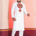 White Embroidered Rayon Kurta Pajama Set for Men with Multicolor Mirror Work