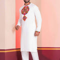 White Embroidered Rayon Kurta Pajama Set for Men with Multicolor Mirror Work